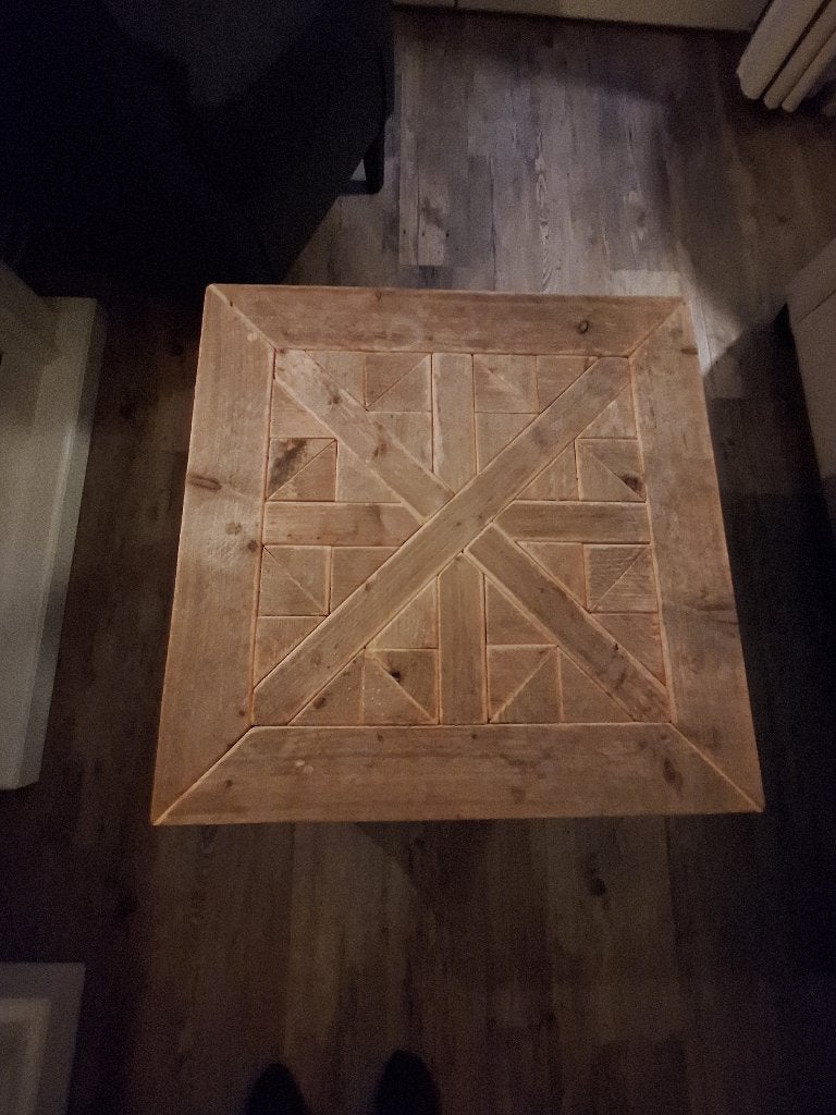 Houten eettafel met uniek patroon en witte poot, Ophalen, Gebruikt, Vierkant, Overige houtsoorten
