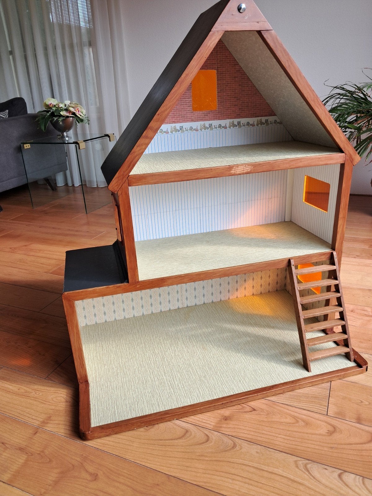 Vintage houten poppenhuis met trap en twee verdiepingen, Ophalen, Gebruikt, Poppenhuis