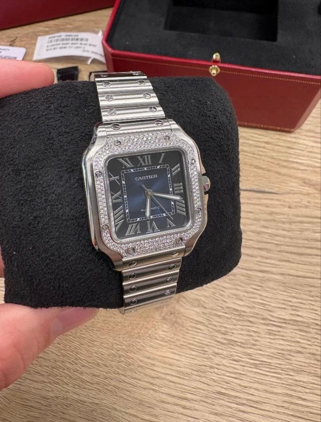 Cartier Santos de Cartier W4SA0007 Fullset, Staal, Polshorloge, Zo goed als nieuw, Met strass