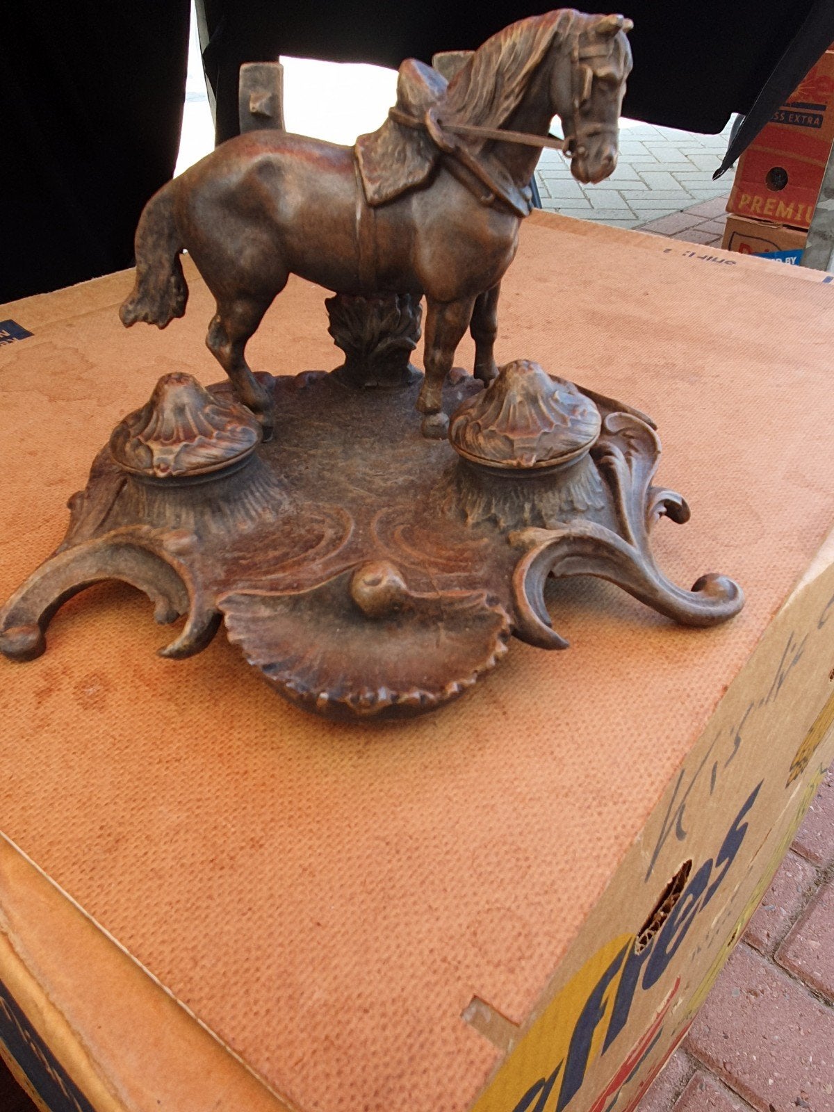 Antieke legering inktstel met paard, Antiek en Kunst, Ophalen of Verzenden