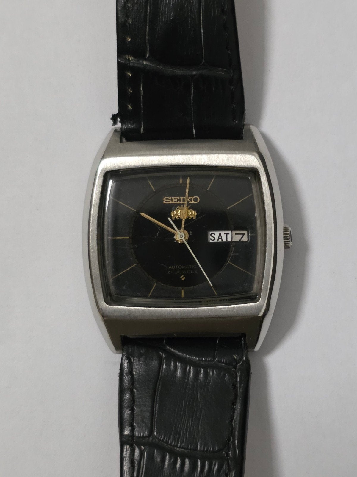 Vintage Seiko automatic Polshorloge met Zwart Lederen Band, Seiko, Staal, Met bandje, Polshorloge
