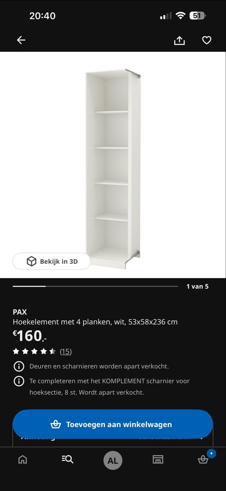 PAX Hoekelement 236 cm met 8 hoek scharnieren - wit, Huis en Inrichting, Kasten | Kledingkasten, Ophalen, Met plank(en), 200 cm of meer