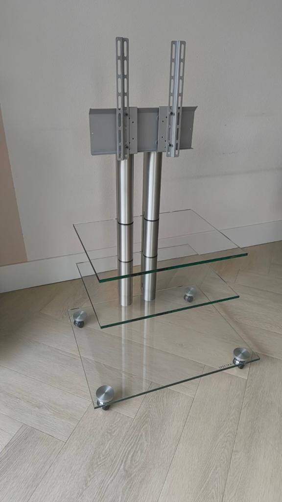 Spectral TV-meubel met glazen planken en metalen frame, Ophalen, Gebruikt, 100 tot 150 cm, 50 tot 100 cm