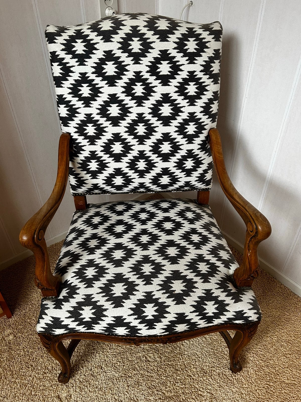 Vintage stoel met Manuel Canovas stof - Antraciet/Crème, Ophalen of Verzenden