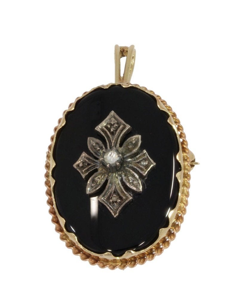Diamant onyx medaillon 14k goud ketting hanger fraai antiek, Verzenden, Goud, Hanger, Met edelsteen