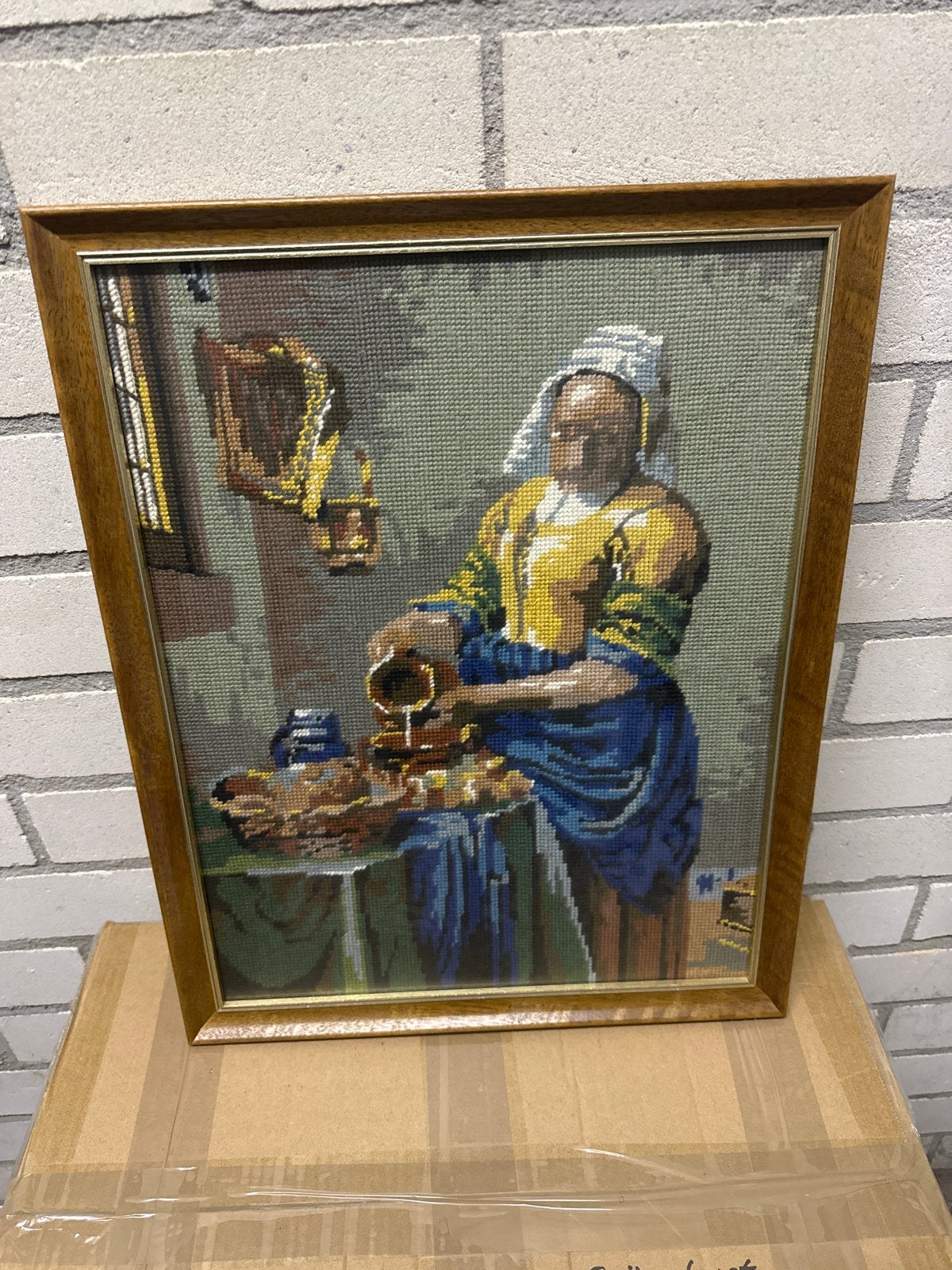 handgeborduurde reproductie Melkmeisje van Johannes Vermeer, Antiek en Kunst, Ophalen of Verzenden