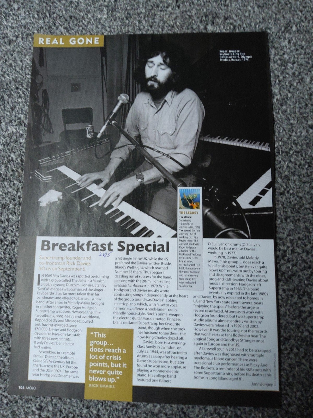 Supertramp:  Death of Rick Davies, Ophalen of Verzenden, Zo goed als nieuw, Foto of Kaart