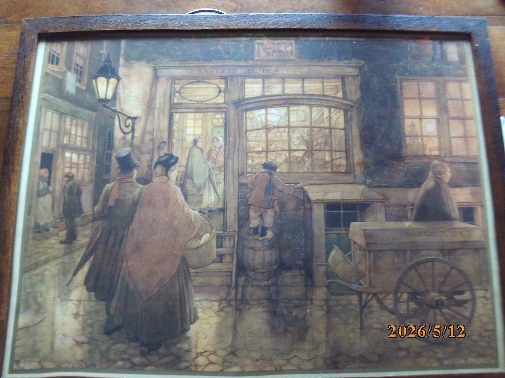 kunstkalender plaat 1950 Anton Pieck bakkerswinkel H de Wit, Ophalen of Verzenden, Print, Prent, Achter glas