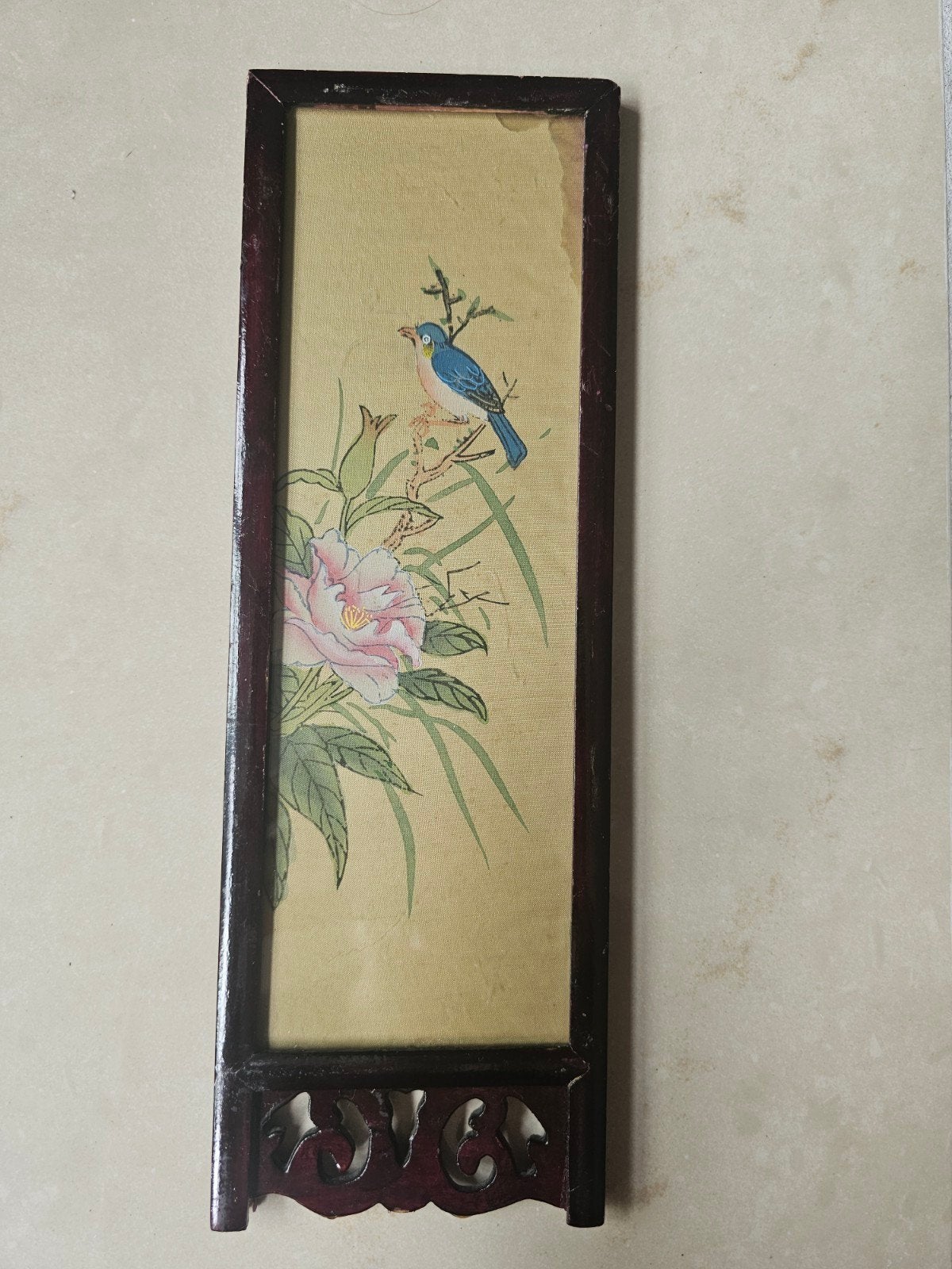 Aziatisch Chinees schilderij / paneel - vogel en vrouw, Minder dan 50 cm, Gebruikt, Ophalen of Verzenden, Schilderij