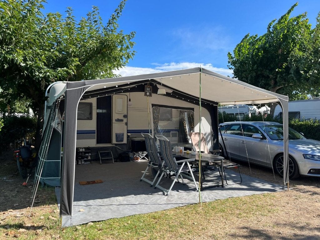 Hobby caravan 460 De Luxe Voortent-Luifel-Fietsendrager, Caravans en Kamperen, Rondzit, Hobby, Luifel, 4 tot 5 meter