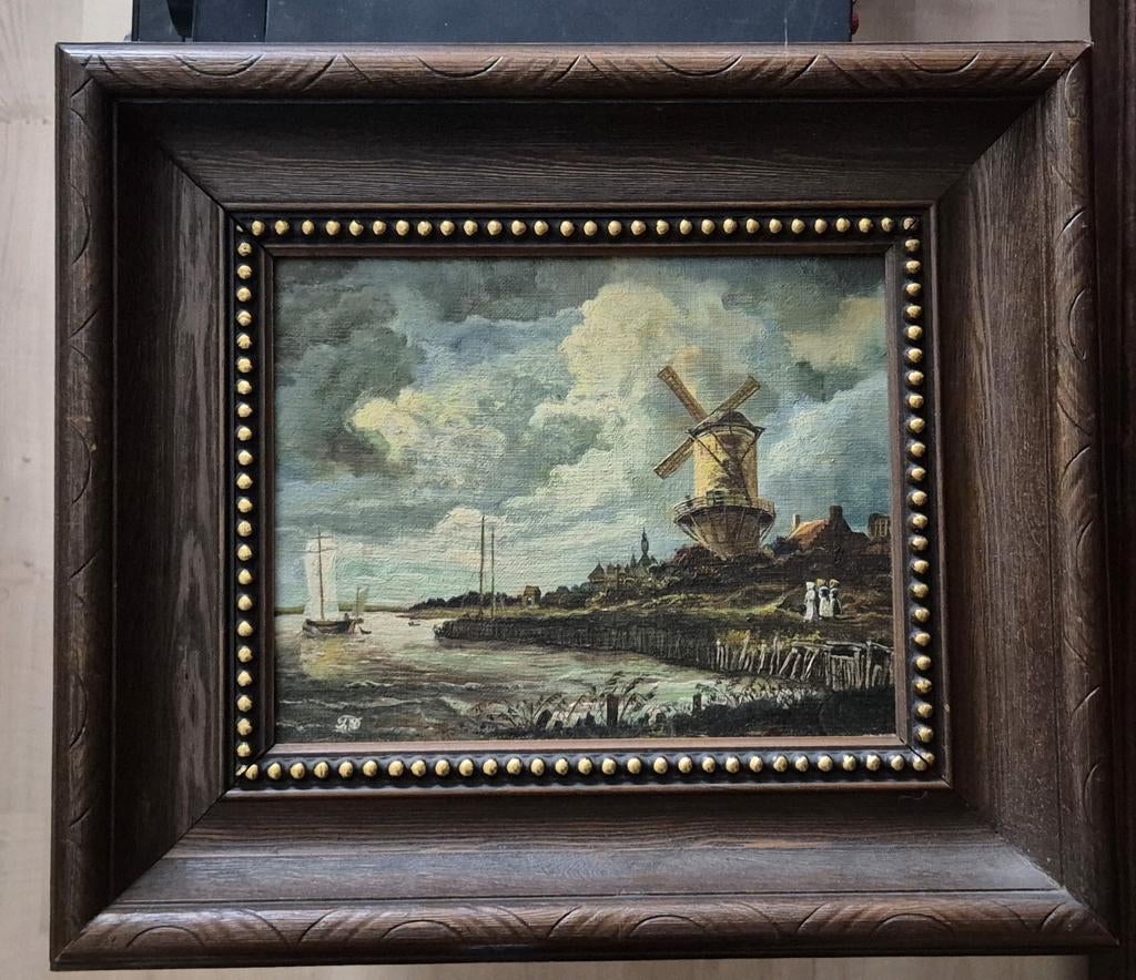 Molen in landschap paneel maat 24x18 gesigneerd, Ophalen of Verzenden