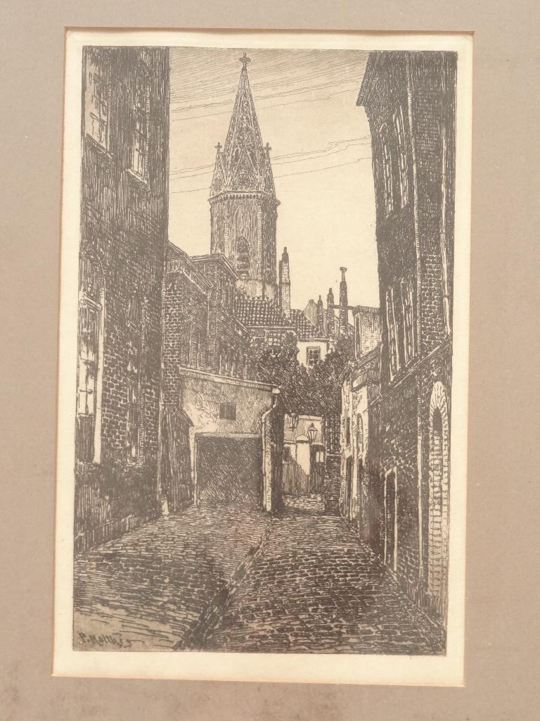ets Jacobuskerk uit een steeg Den Haag, P. Matthes rond 1930, Antiek en Kunst, Architectuur, Origineel, 1950 - 1999, Verzenden