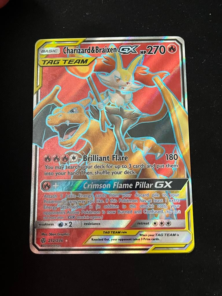 Charizard & Braixen GX Full Art S&M Cosmic Eclipse NM, Ophalen of Verzenden, Zo goed als nieuw, Losse kaart, Foil