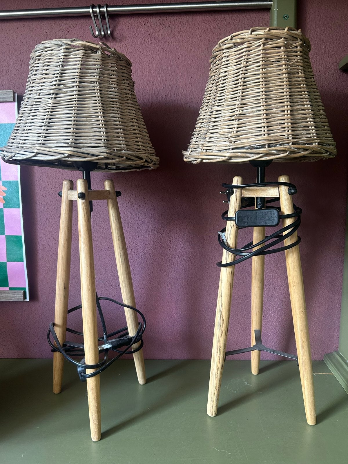 Set van 2 rotan tafellampen met houten statief, Ophalen, Gebruikt, Landelijk, Hout