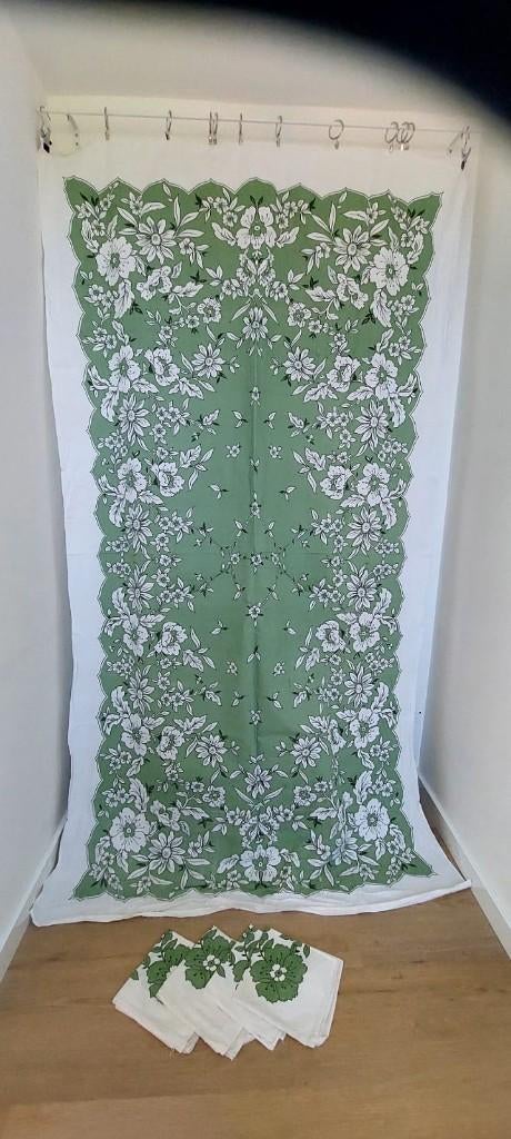 vintage groen-wit tafelkleed servetten bloemenpatroon, Eu, Eu, Ophalen of Verzenden, Zo goed als nieuw