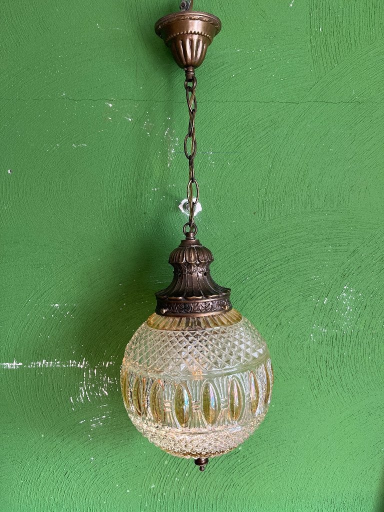 Vintage Glazen Hanglamp - Messing & Relief Glas, Ophalen, Gebruikt, ., Glas