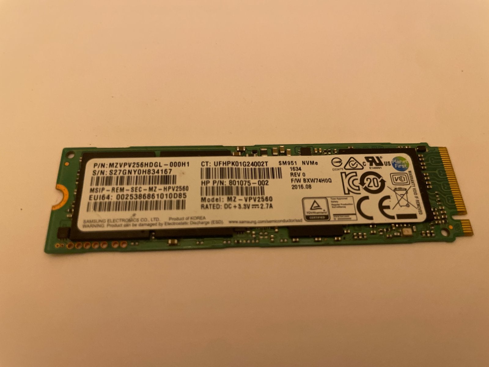 Samsung SM961 NVMe M.2 SSD 256GB, Intern, Gebruikt, Ophalen of Verzenden, Laptop
