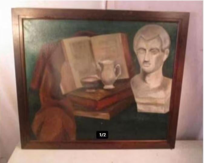 Mooi Oud Geschilderd Stilleven 'Borstbeeld + Boeken' - 78x68, Ophalen of Verzenden