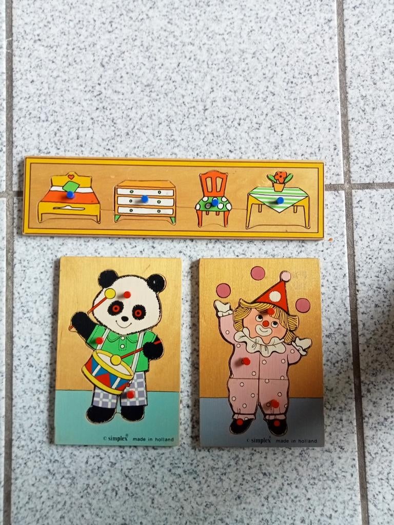 Vintage Simplex Houten Puzzels - Panda, Clown & Meubels, Ophalen of Verzenden, Gebruikt