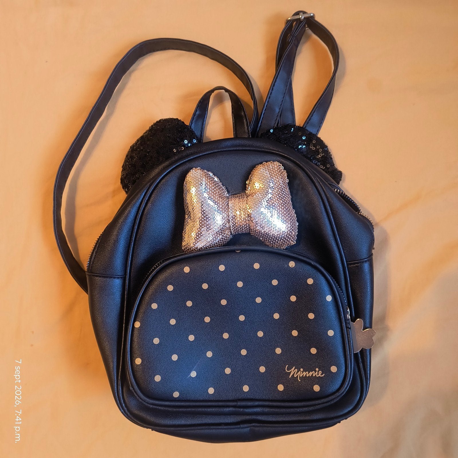 Minnie Mouse rugzak met pailletten strik en oren Disney, Ophalen of Verzenden, Gebruikt, Zwart, Schoudertasje