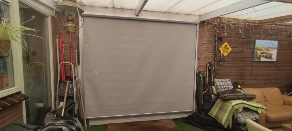 Zonnescherm voor terras of serre - Grijs, Ophalen, Gebruikt, 150 tot 300 cm, 250 cm tot 450 cm
