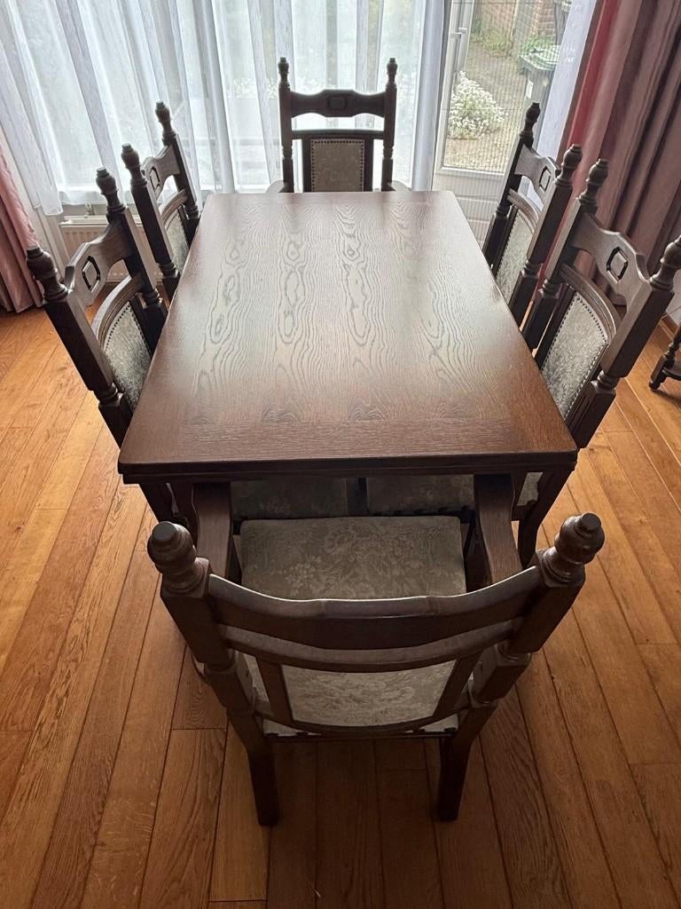 Eettafel (uitschuifbaar) en stoelen - in één set, Ophalen, Klassiek, Eikenhout, 200 cm of meer