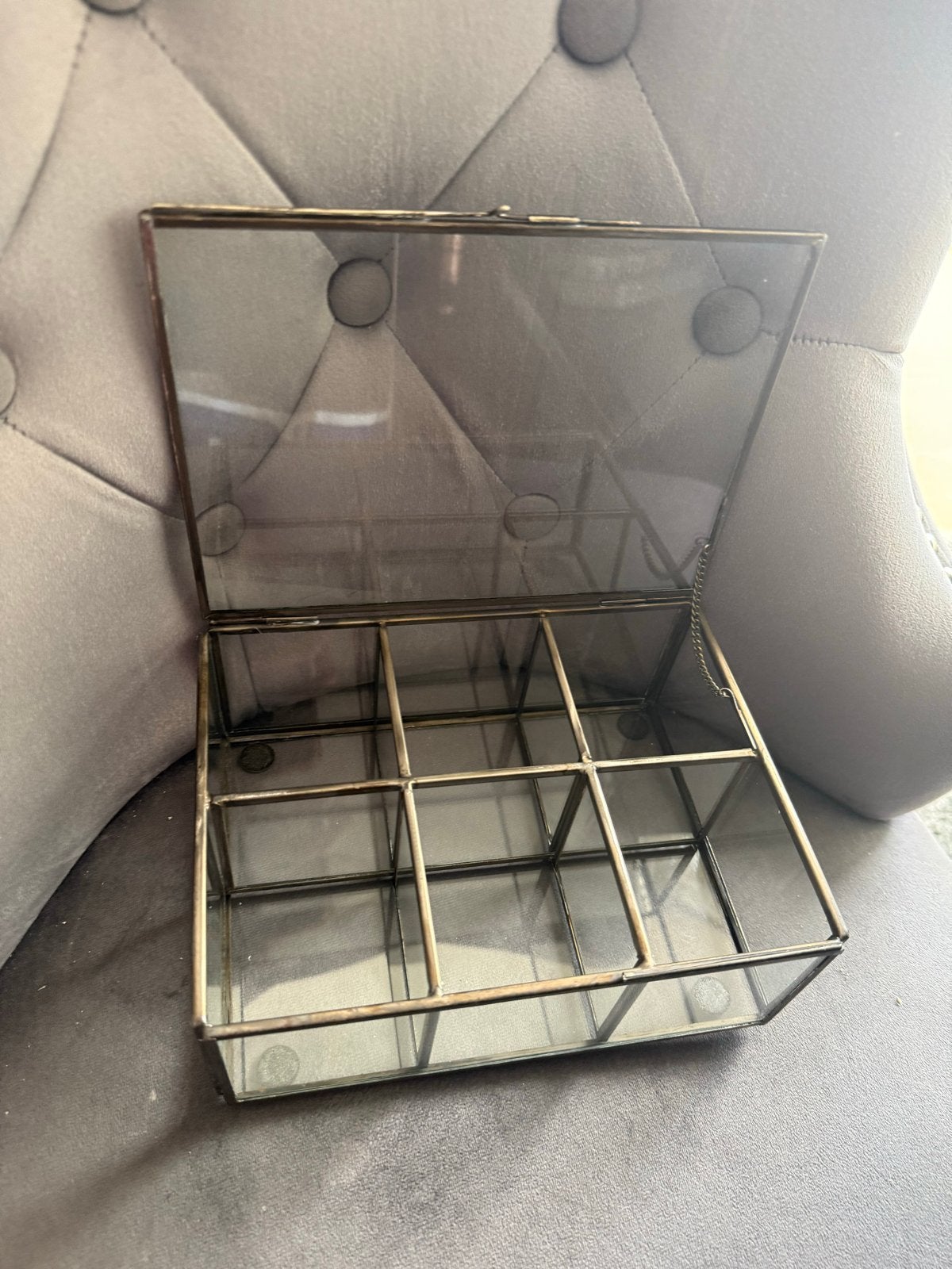 Glazen theedoos met vakjes - Vintage look, Vintage, Gebruikt, Ophalen of Verzenden, Goud
