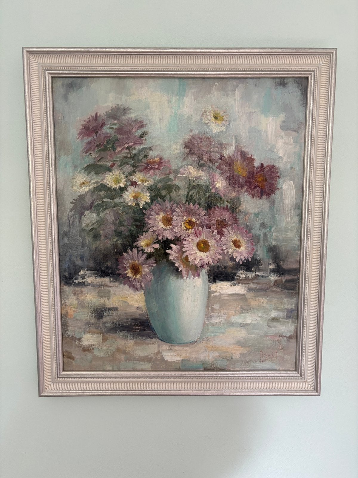 Prachtig bloemen schilderij 60x50 cm ingelijst, Ingelijst, Doek, Olieverf, Ophalen