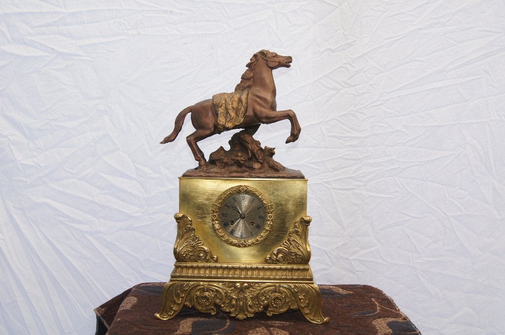 Antieke bronzen klok met paardenbeeld, Ophalen of Verzenden