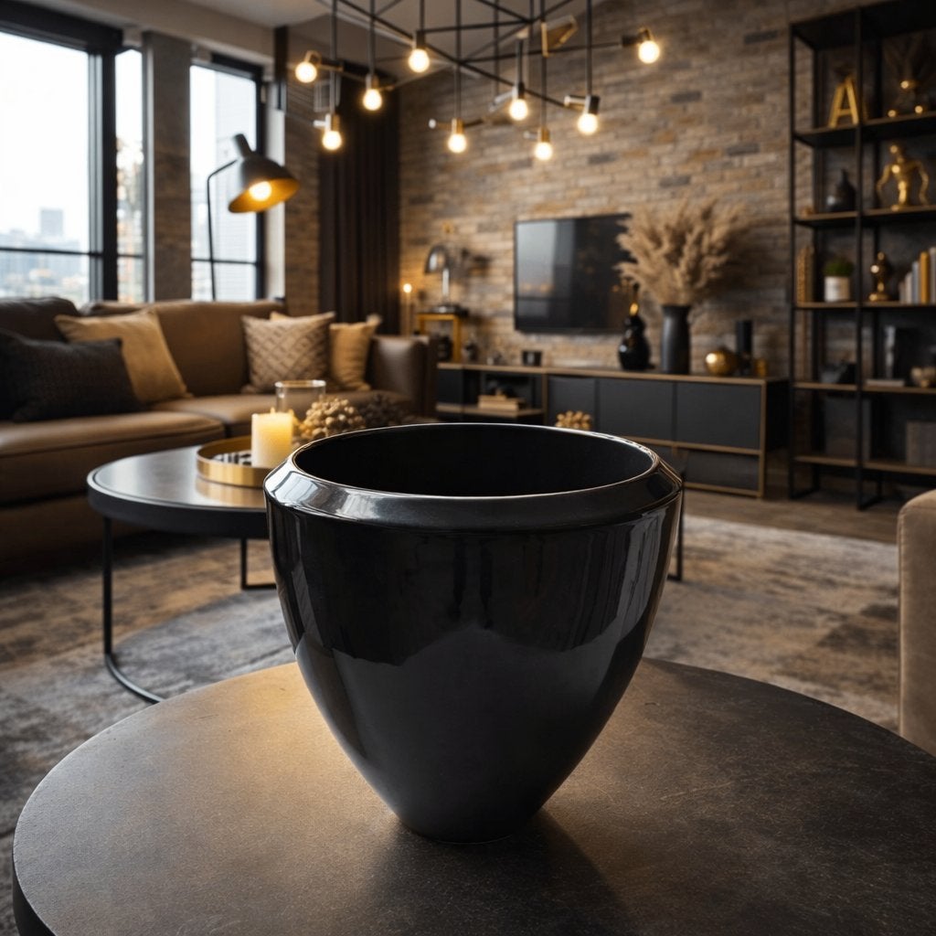 industriële glanzende zwarte bloempot/vaas -ZGAN, Huis en Inrichting, Ophalen of Verzenden, Zo goed als nieuw, Zwart, 20 cm