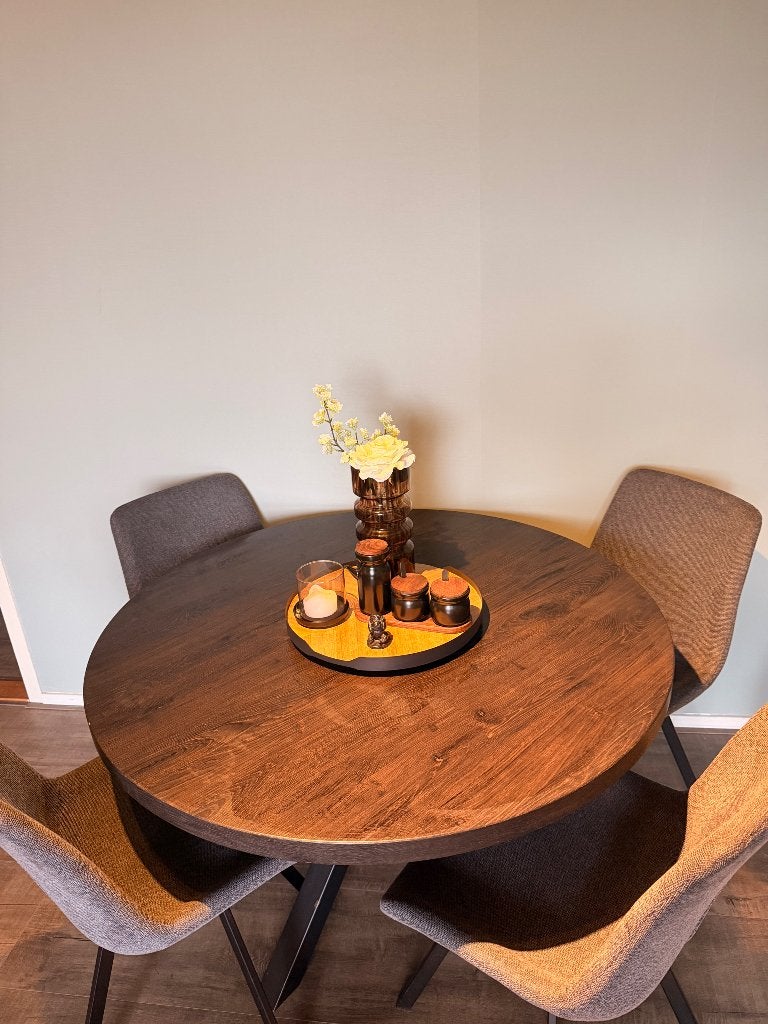 4 persoons eettafel, Ophalen, Donker grijs hout, Gebruikt, Rond