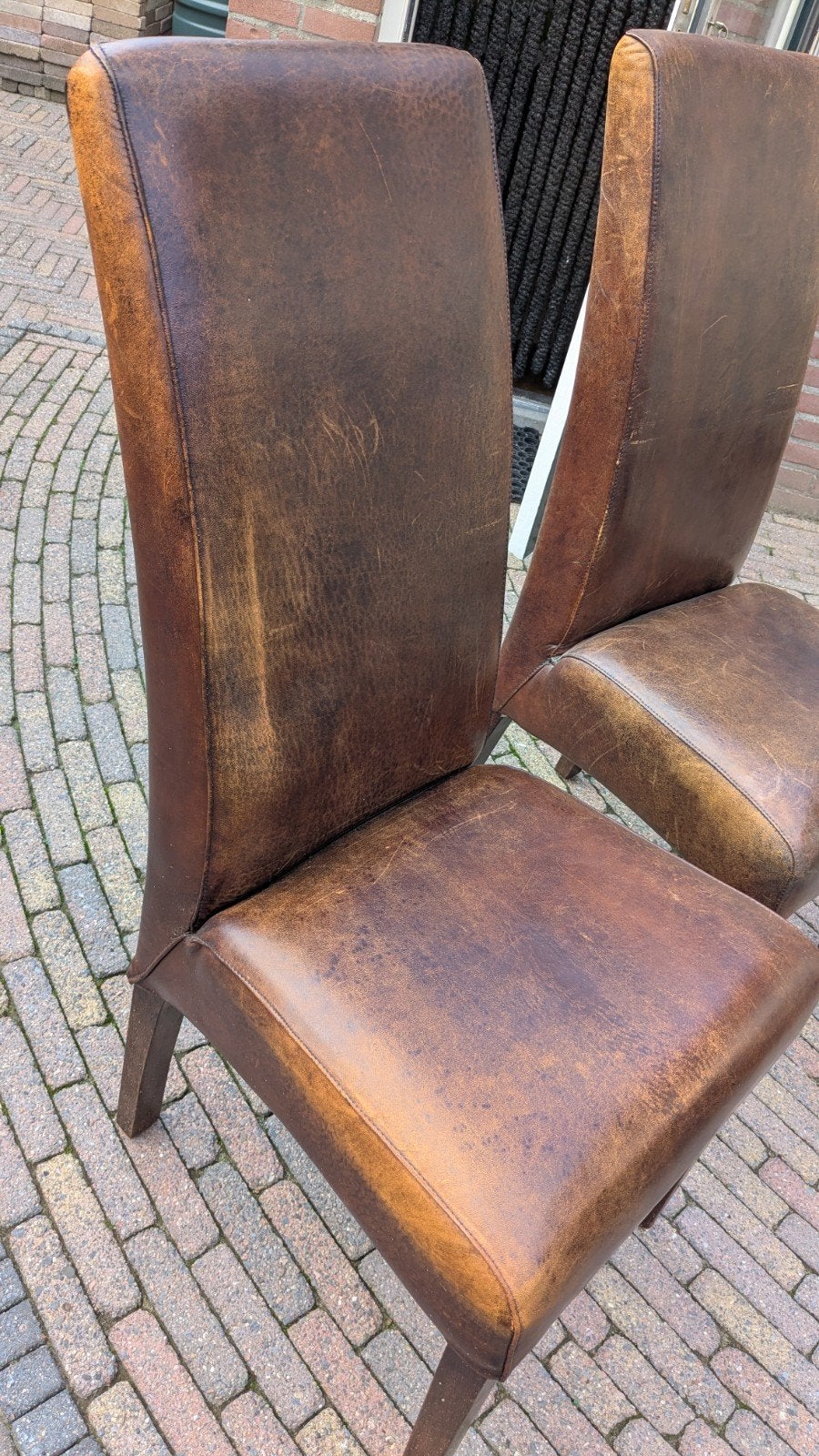 2x Bruine leren eetkamerstoelen - Gebruikt, Ophalen, Gebruikt, Twee, Bruin
