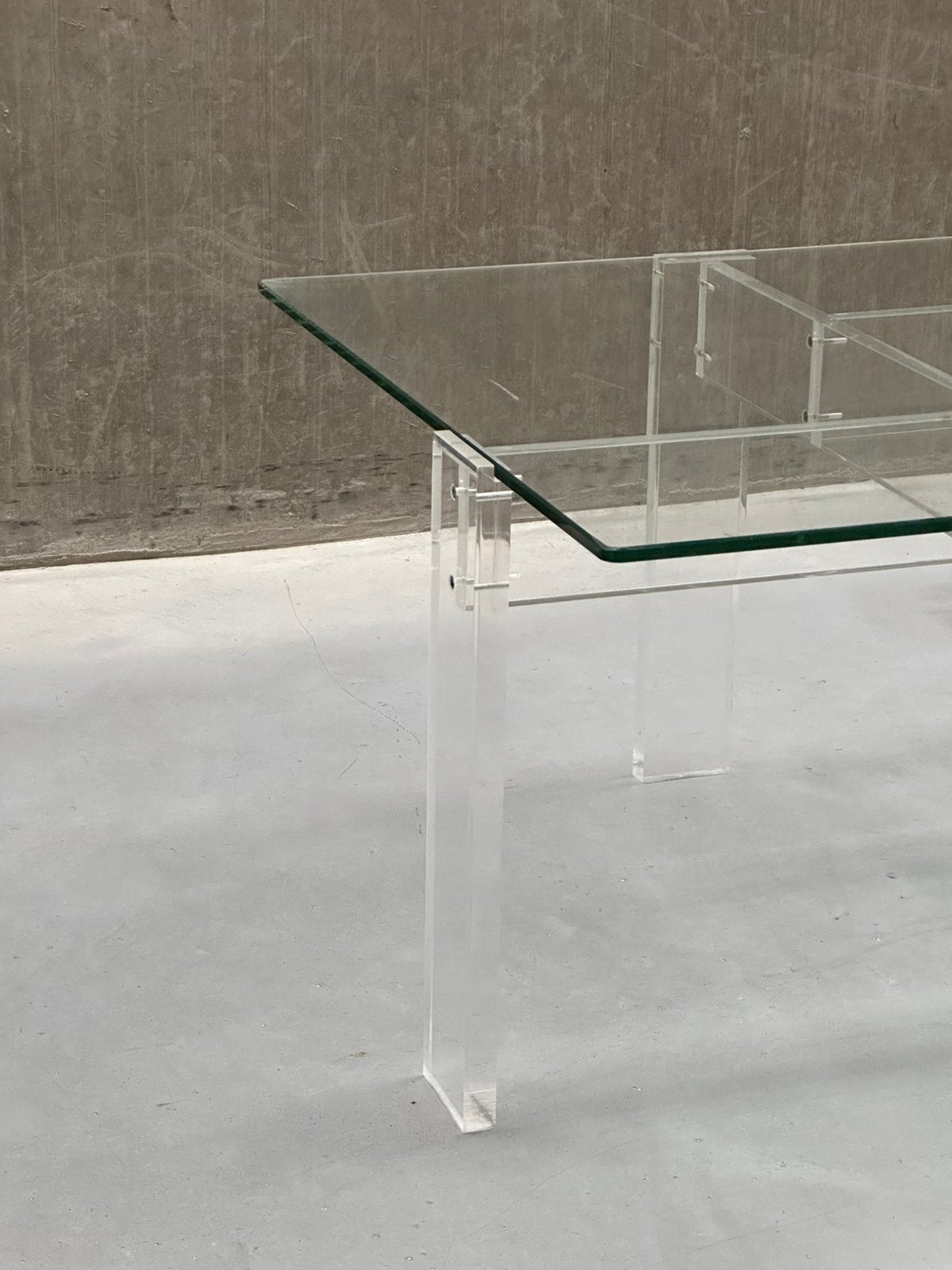 Vintage salontafel glas en plexiglas jaren '70, Ophalen, 100 tot 150 cm, Glas, X
