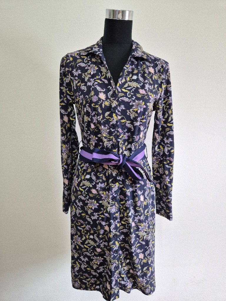 J463 - Donkerblauwe My Pashion bloemenprint jurk maat S (1), Maat 38/40 (M), Blauw, Ophalen of Verzenden, Zo goed als nieuw
