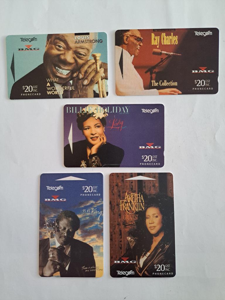 TELEFOONKAARTEN SET/BLACK MUSIC LEGENDS/ ARMSTRONG/EN ANDERE, Verzamelen, Verzenden, Buitenland