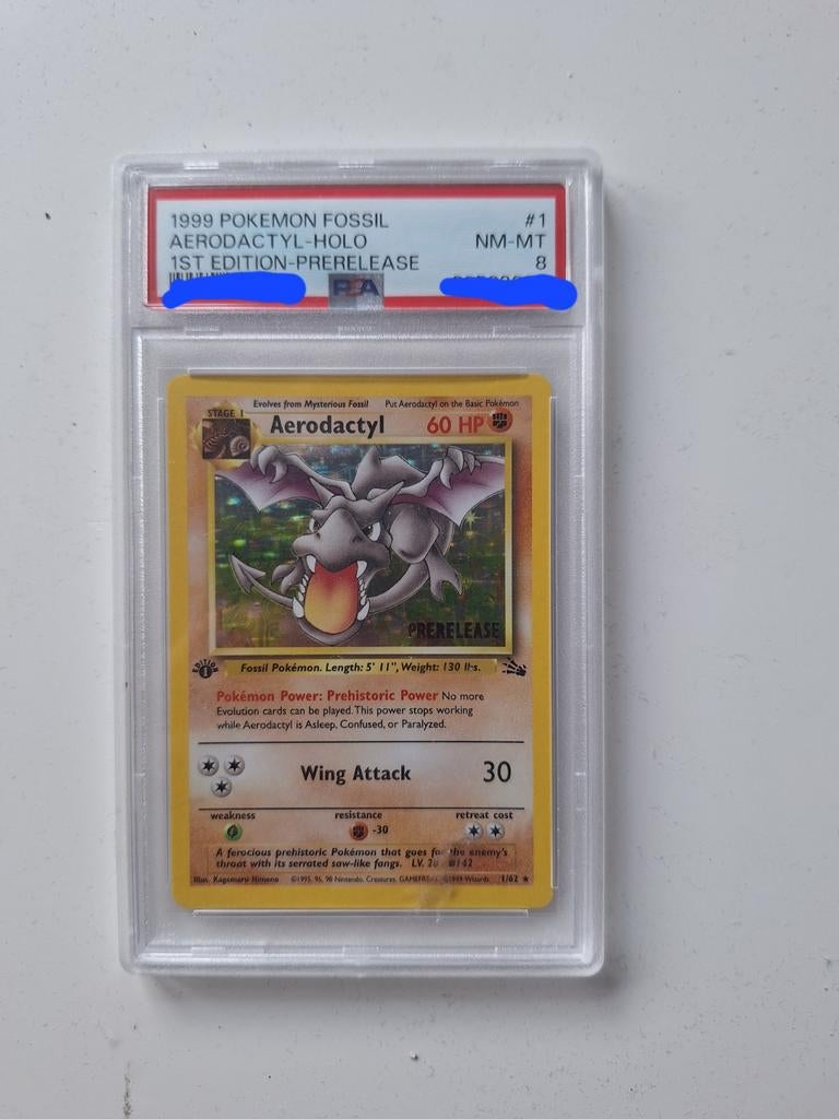 Aerodactyl 1st Edition Prerelease PSA 8 Pokémon Kaart, Ophalen of Verzenden, Zo goed als nieuw, Losse kaart
