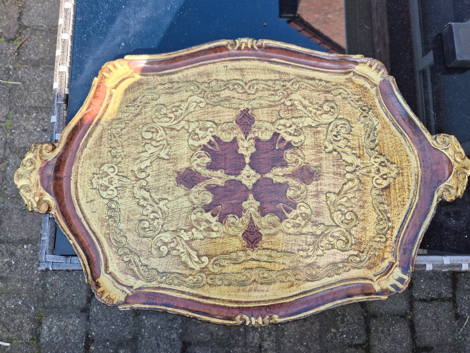 Rechthoekige houten, vintage Florentijns dienblad, Huis en Inrichting, Woonaccessoires | Dienbladen, Ophalen of Verzenden, Gebruikt
