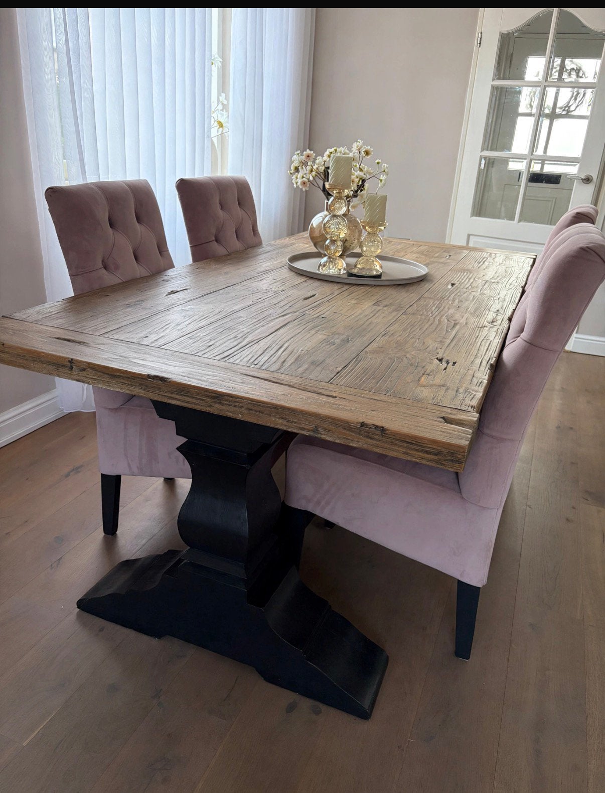 # Eetkamer met oud roze velvet stoelen en salontafel, Ophalen, Zo goed als nieuw, Rechthoekig, 50 tot 100 cm