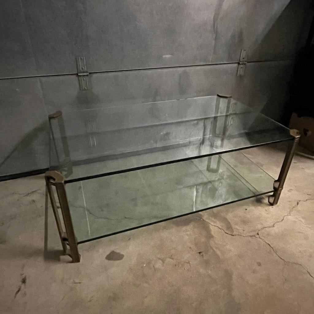 Peter Ghyczy dubbele glas en messing salontafel jaren 70 80, Huis en Inrichting, Tafels | Salontafels, Ophalen, Gebruikt, 100 tot 150 cm