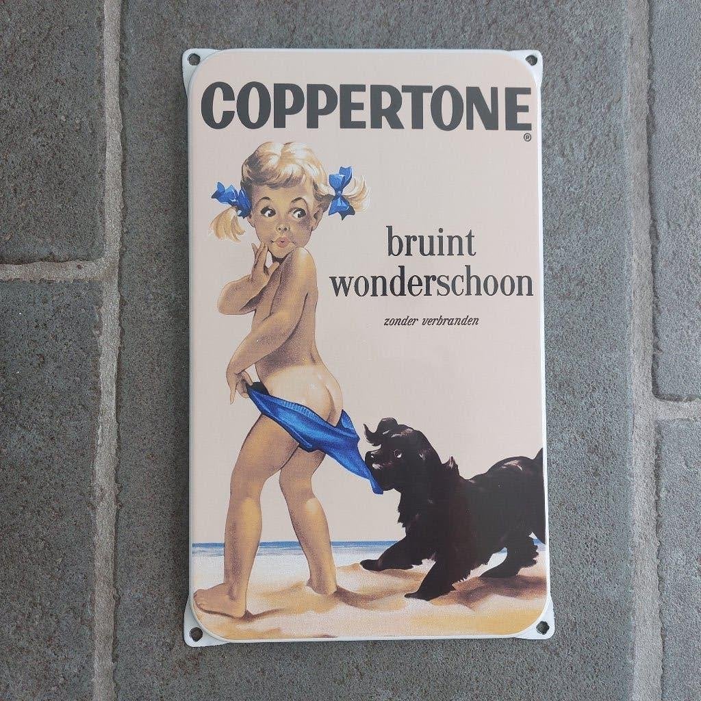 Emaille reclamebord Coppertone. Afmeting 20,5 x 33,5 - Nieuw, Ophalen of Verzenden, Nieuw, Reclamebord