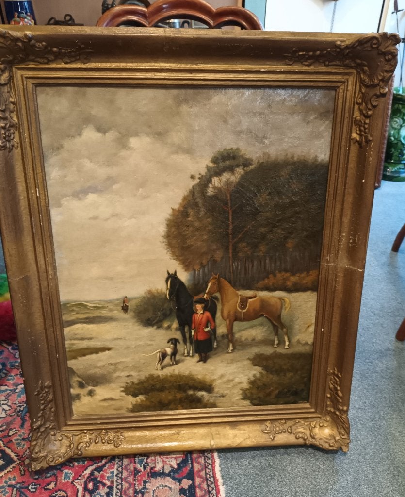 Schilderij J.V. van Vloten - Paarden en Jager, Ophalen, Doek, Origineel werk, Dieren