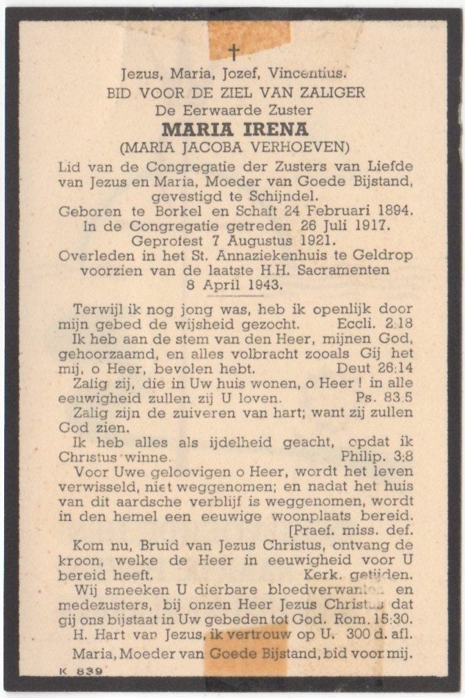 zr. Maria J. Verhoeven 1894 Borkel en Schaft + 1943 Geldrop, Ophalen of Verzenden