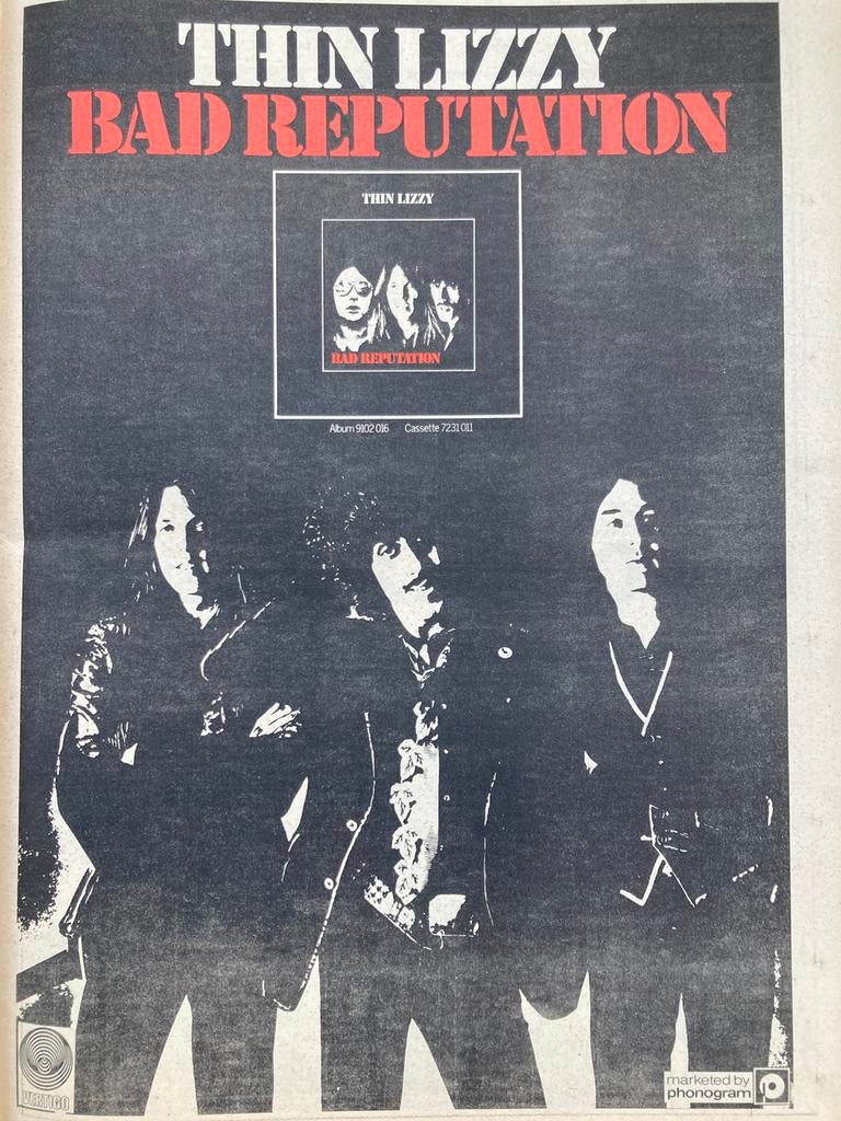 Paginagrote A3 advertentie THIN LIZZY Bad Reputation release, Cd's en Dvd's, Vinyl | Hardrock en Metal, Ophalen of Verzenden, Zo goed als nieuw
