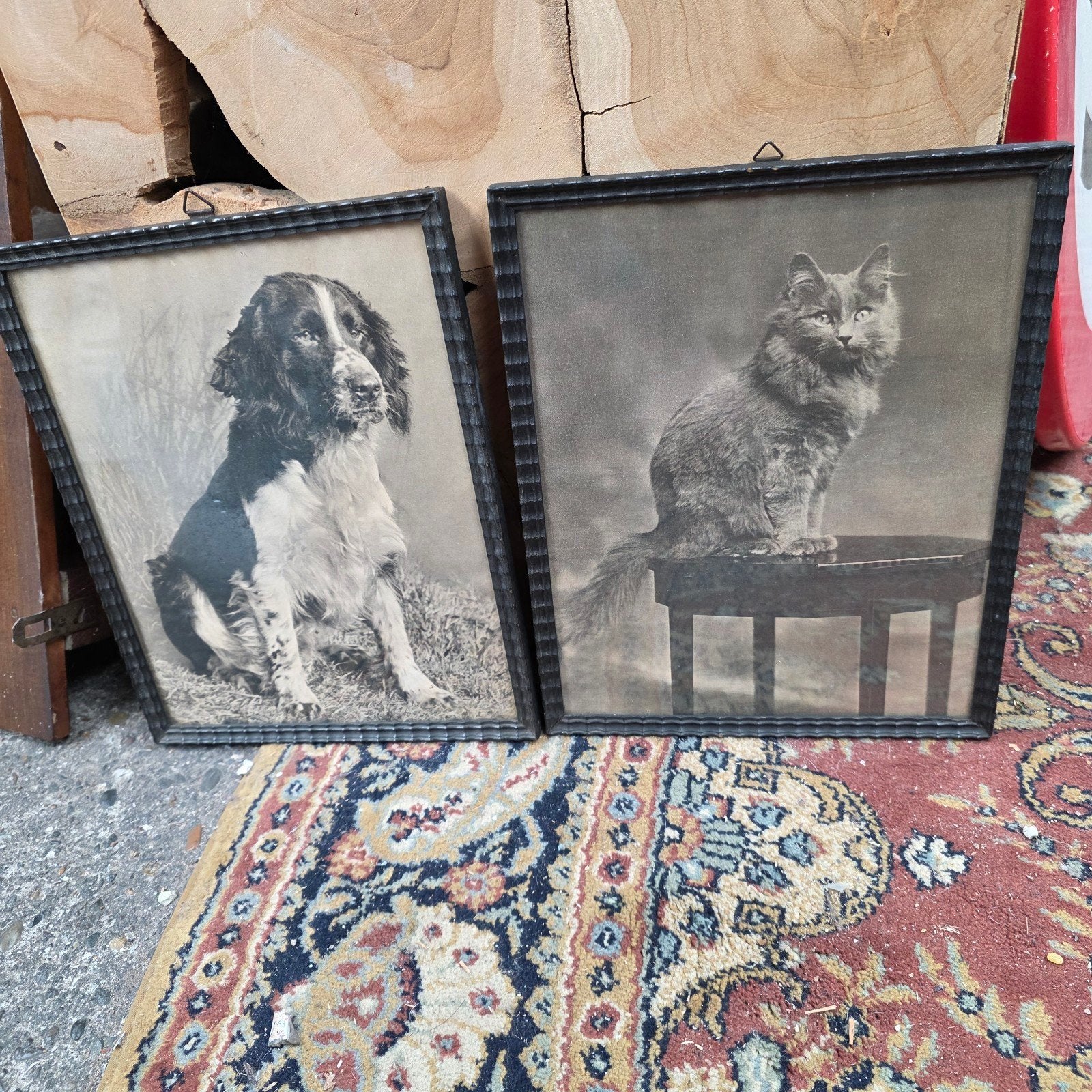 Set van 2 vintage sepiaprenten in bewerkte lijsten., Ophalen