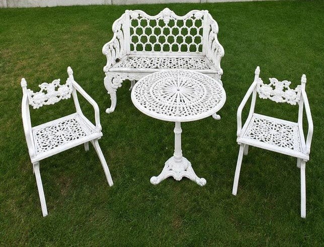 Antieke gietaluminium bistroset tuinmeubelen - 2 stoelen, ba, Ophalen of Verzenden, Gebruikt, Overige materialen