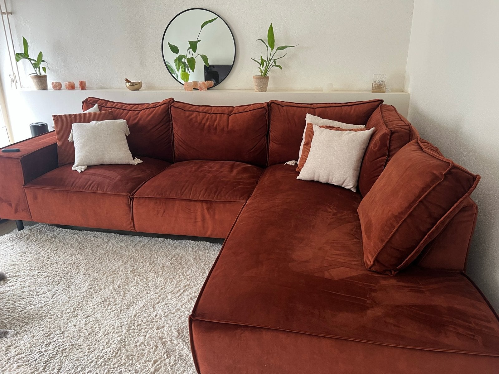 Ruime terra velours hoekbank - 304x230x90 cm, Ophalen, Bohemian, retro, vintage, modern, Gebruikt, Hoekbank