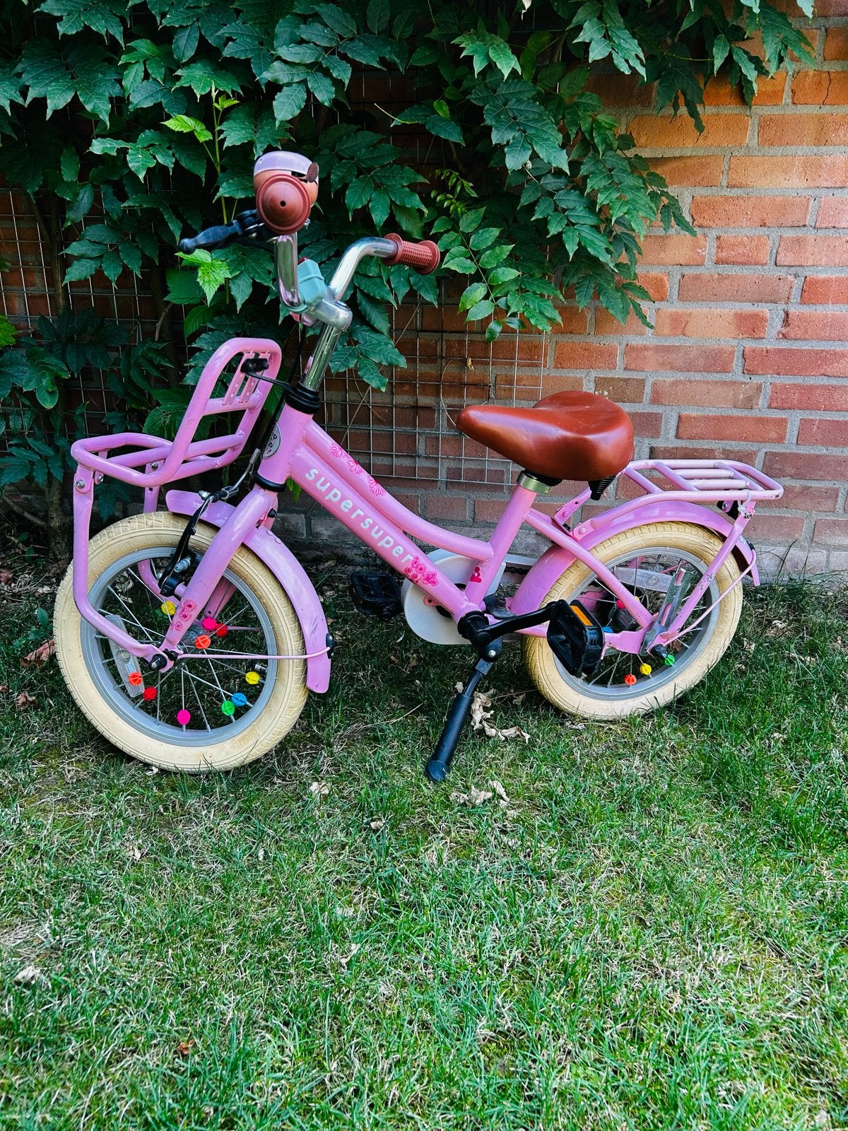 Super super Cooper Bamboo kinderfiets 14 inch roze, Ophalen, Gebruikt, Terugtraprem, Minder dan 16 inch