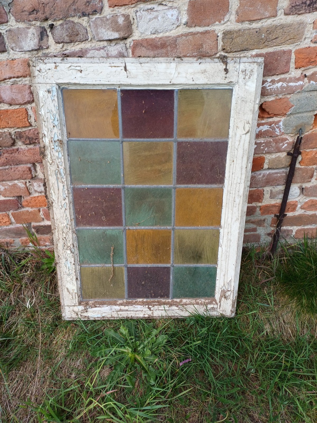 Zeer oud glas in lood raam uit een oude boerderij., Ophalen, Gebruikt, Minder dan 80 cm, Minder dan 80 cm