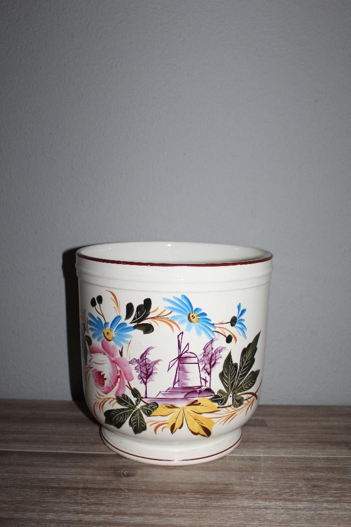 SALE Antieke bloempot cachepot met bont decor, Antiek en Kunst, Ophalen of Verzenden