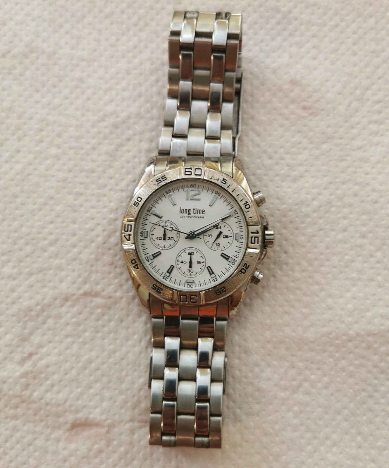 Mooie Long Time chronograaf horloge klok - Longines-look, Overige merken, Staal, Staal, Polshorloge